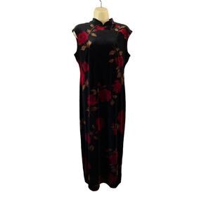 CDC Petite Vintage Black Floral Print Stretch Velvet Maxi Dress Size 12P Asian